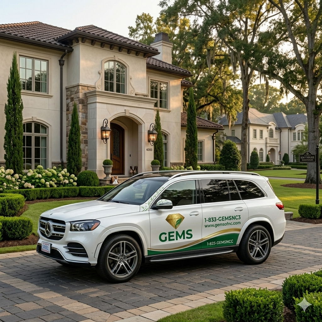 GEMS of NC branded Mercedes arriving at a luxury Charlotte estate