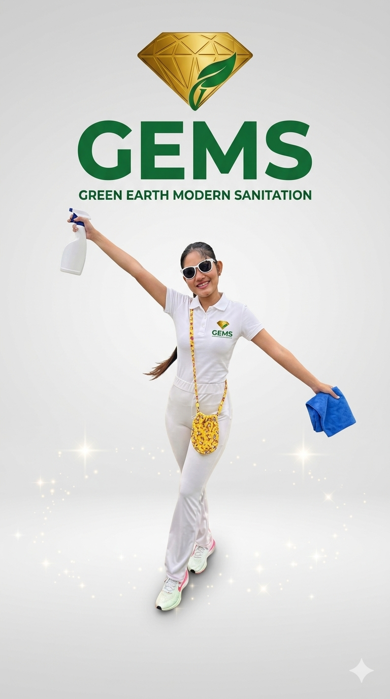 Founder of GEMS of NC in branded uniform — woman-owned, immigrant-founded eco-friendly sanitation